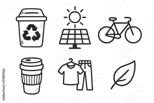 Eco Lifestyle Doodles. Eco lifestyle icons: hand drawn doodles of recycling bin, solar panel, bicycle, reusable cup, secondhand
