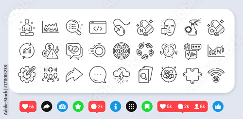 Organic tested, Deflation and Cable section line icons pack. Social media: share, comment, like icons. Update data, Financial diagram, Face attention web icon. Vector