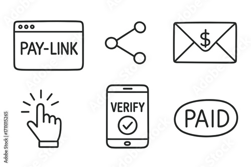 Digital Payment Doodles. Pay-by-link: hand drawn doodles of payment URL, share icon, email message, click icon, verify screen, and