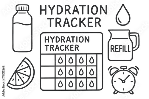 Hydration Tracking Doodles. Hydration tracker: hand drawn doodles of water bottle, droplet icon, tracker chart, refill jug, lemon
