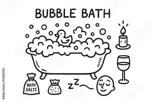 Cozy Bubble Bath. Bubble bath: hand drawn doodles of foam tub, rubber duck, candlelight, bath salts, wine glass, and peaceful sigh