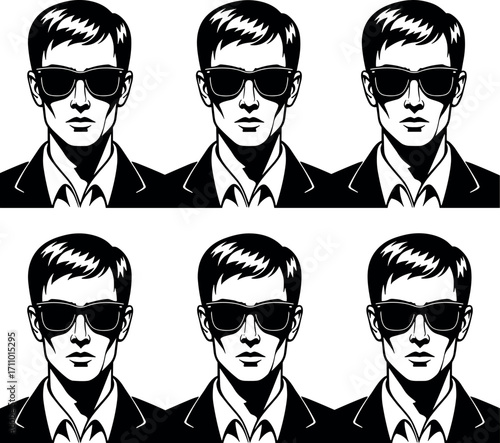 Identical men in suits and sunglasses, symmetrical black and white illustration representing anonymity, conformity, surveillance, uniformity, and corporate identity