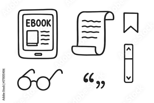 Reading Icons Doodles. Reading materials: hand drawn doodles of eBook icon, article scroll, bookmark corner, glasses, scroll bar,