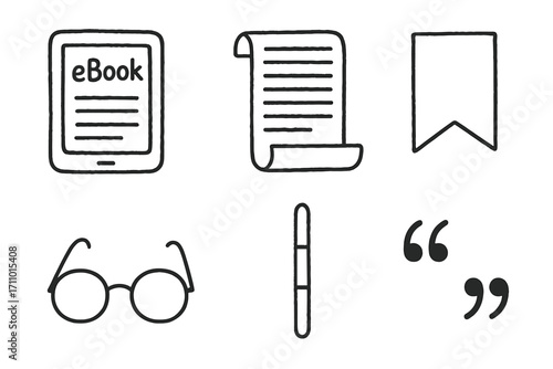 Reading Icons Doodles. Reading materials: hand drawn doodles of eBook icon, article scroll, bookmark corner, glasses, scroll bar,