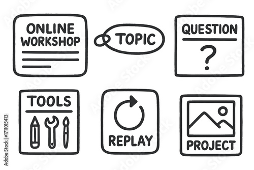 Workshop Doodle Elements. Online workshop: hand drawn doodles of session card, topic tag, question box, tools list, replay button,