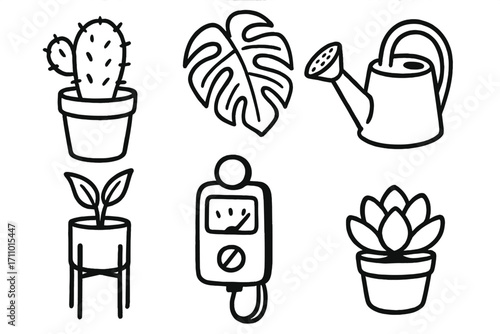 Desk Plant Doodles. Desk plant life: hand drawn doodles of cactus pot, monstera leaf, watering can, plant stand, light meter, and