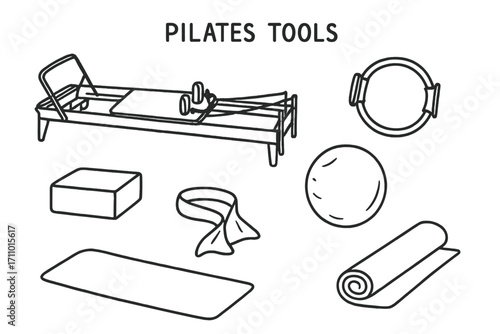 Pilates Equipment Sketches. Pilates tools: hand drawn doodles of reformer machine, ring, ball, block, resistance band, and mat.