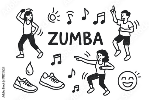 Zumba Dance Doodles. Zumba dance: hand drawn doodles of dance moves, rhythm icon, music notes, sneakers, sweat drop, and joy emoji