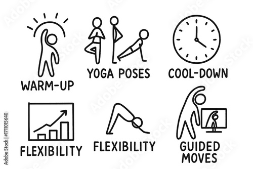 Stretching Routine Doodles. Stretching routine: hand drawn doodles of warm-up icon, yoga poses, cool-down clock, flexibility chart