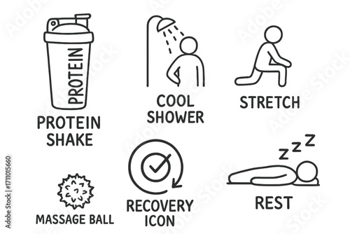 Post-Workout Recovery Doodles. Post-workout care: hand drawn doodles of protein shake, cool shower, stretch, recovery icon,