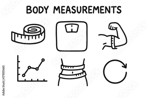 Body Measurements Doodles. Body measurements: hand drawn doodles of measuring tape, weight scale, arm measurement, tracking chart,