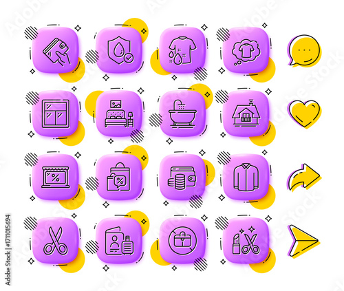 Window, Furniture and Sale bags line icons. App 3d buttons. Social media comment, share, like icons. Pack of T-shirt, Wallet, Shirt icon. Passport, Wash t-shirt, Wallet money pictogram. Vector
