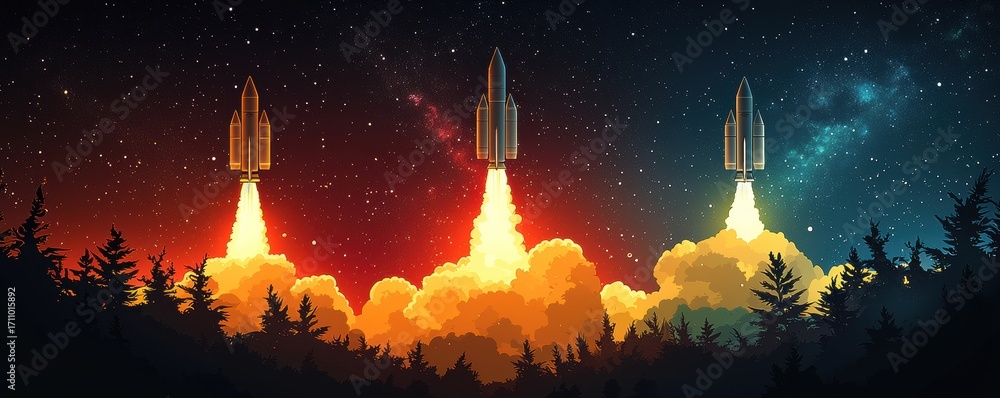 Naklejka premium Three rockets launch into a starry sky above a silhouetted forest