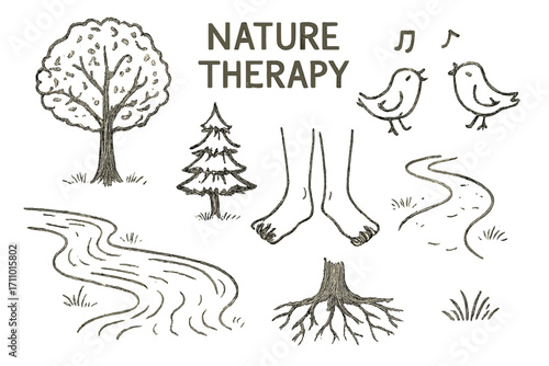 Nature Doodles Scene. Nature therapy: hand drawn doodles of trees, birds singing, river stream, bare feet, forest path, and