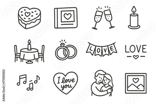 Romantic Celebration Icons. Anniversary celebration doodle icon set: hand drawn icons of heart-shaped cake, photo album, champagne