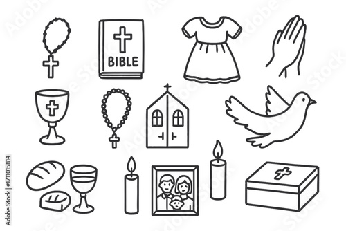 First Communion Icons. First communion doodle icon set: hand drawn icons of cross necklace, Bible, white dress, prayer hands, holy