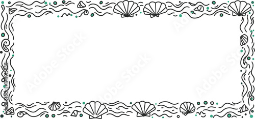 Elegant black and teal seashell and wave frame design on transparent background