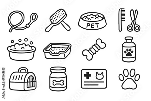 Pet Care Doodle Icons. Pet care doodle icon set: hand drawn icons of dog leash, cat brush, pet food bowl, grooming tools, bath tub
