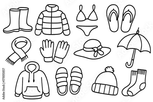 Seasonal Wardrobe Icons. Seasonal wardrobe doodle icon set: hand drawn icons of rain boots, puffer jacket, swimwear, flip flops,