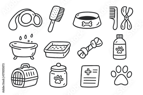 Pet Care Doodle Icons. Pet care doodle icon set: hand drawn icons of dog leash, cat brush, pet food bowl, grooming tools, bath tub