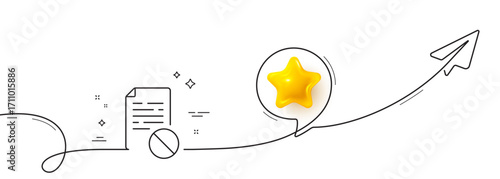 Not allowed document line icon. Continuous line with share plane. No file sign. Office note symbol. 3d star in speech bubble. Wrong file single line ribbon. Loop curve pattern. Vector