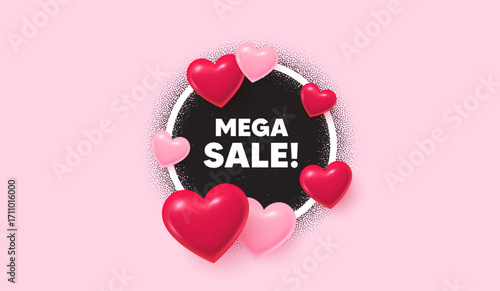 Mega sale picture frame banner. Circle photo frame. Mega Sale tag. Special offer price sign. Advertising Discounts symbol. 3d hearts balloons. Grain dots pattern. Vector