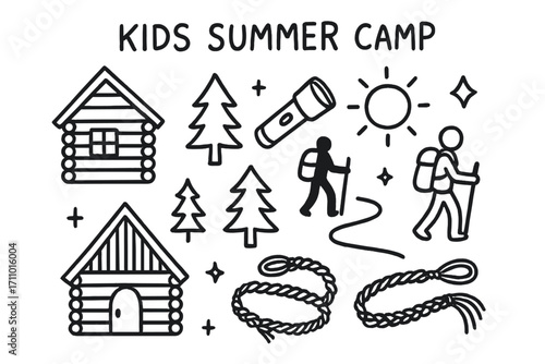 Summer Camp Doodles. Kids summer camp doodle set: hand drawn icons for cabins, flashlights, nature hikes, and friendship bracelets