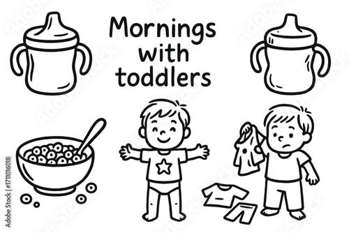 Toddler Morning Icons. Mornings with toddlers doodle set: hand drawn icons for sippy cups, cereal bowls, and dressing games,