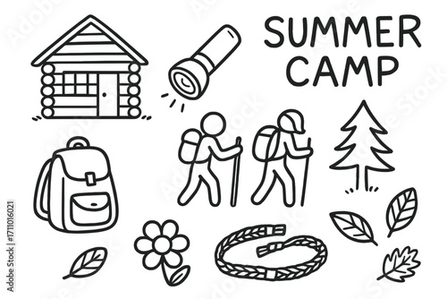 Summer Camp Doodles. Kids summer camp doodle set: hand drawn icons for cabins, flashlights, nature hikes, and friendship bracelets