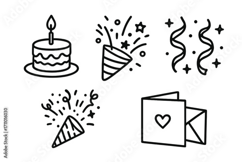 Tiny Celebration Icons. Tiny celebrations doodle set: hand drawn icons for mini cakes, confetti, streamers, and cards, isolated
