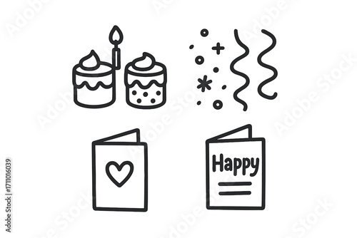 Tiny Celebration Icons. Tiny celebrations doodle set: hand drawn icons for mini cakes, confetti, streamers, and cards, isolated