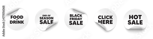 Food and Drink sticker tag. Season sale, Black friday paper price banners. Food and Drink tag. Kitchen food offer. Restaurant menu. Click here sticker. Vector