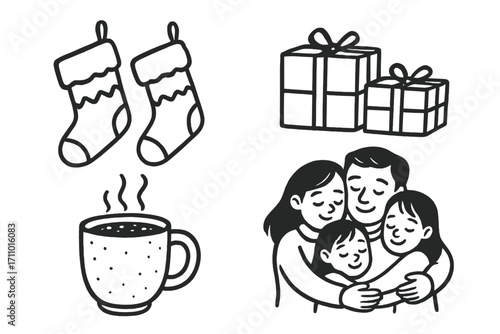 Christmas Morning Doodles. Christmas morning doodle set: hand drawn icons for stockings, gifts, hot chocolate, and family hugs,