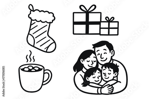 Christmas Morning Doodles. Christmas morning doodle set: hand drawn icons for stockings, gifts, hot chocolate, and family hugs,