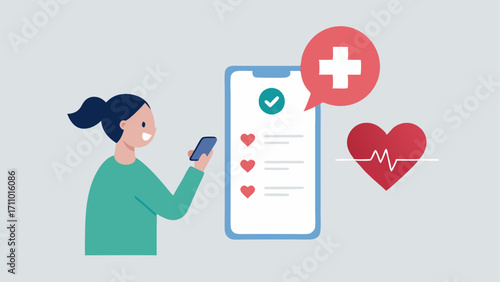 Emergency Contact Features An illustration of a user tapping their phone with a heart symbol and a list of emergency contacts for quick access during health emergencies.