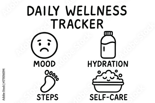 Wellness Doodle Set. Daily wellness tracker doodle set: hand drawn icons for mood, hydration, steps, and self-care, isolated