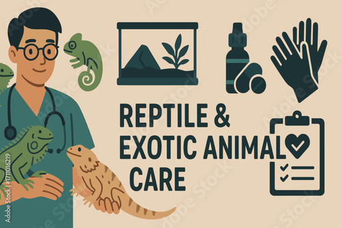 Exotic Animal Vet Care. Long vector banner featuring vet with reptiles and exotic animal care icon set for habitats, supplements,