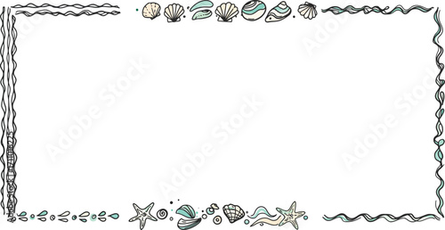 Cute hand drawn seashell border with waves and starfish on transparent background