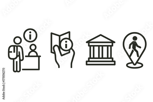 Tourist Information Icons. Minimalist vector strip with tourist at info booth and local guide icon set for brochures, tips, museum