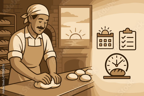 Bakery Morning Routine. Scene banner featuring bakery owner at early morning prep and schedule icon set for shift icons, sunrise,