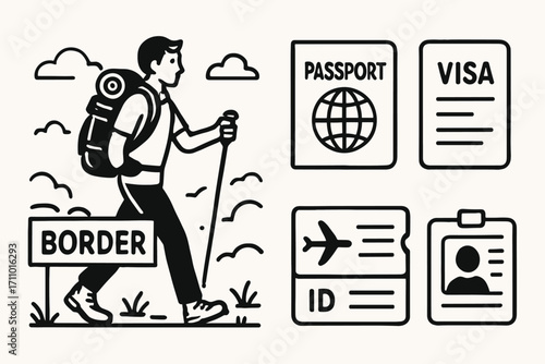Backpacker Border Crossing. Vector strip showing backpacker crossing border and travel documents icon set for passport, visa,