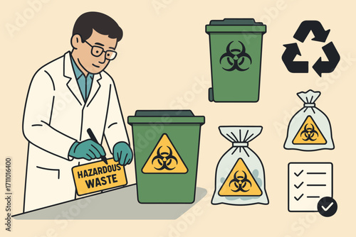Hazardous Waste Management. Flat scene showing chemist labeling hazardous waste and disposal icon set for waste bins, symbols,
