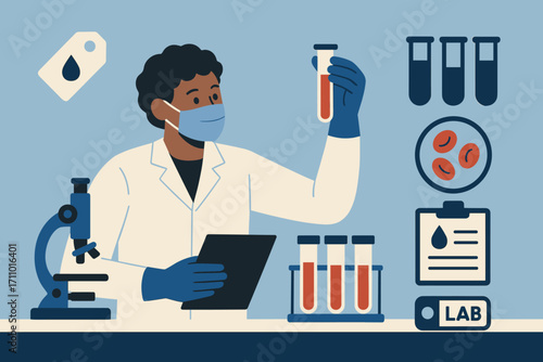 Lab Analysis Banner. Flat vector banner with lab worker analyzing blood samples and biomedical icon set for vials, blood cells,