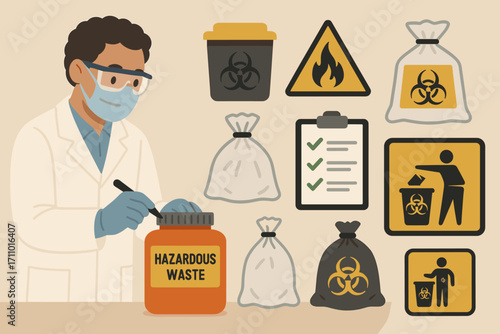 Hazardous Waste Management. Flat scene showing chemist labeling hazardous waste and disposal icon set for waste bins, symbols,
