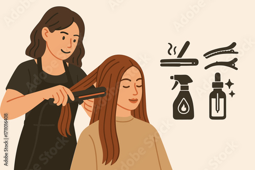 Hair Styling Essentials. Horizontal composition showing hairdresser using flat iron and straightening icon set for heat tool,
