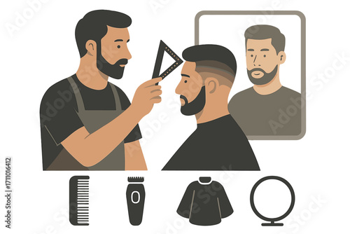 Barber's Tool Showcase. Horizontal composition showing hairdresser using flat iron and straightening icon set for heat tool,