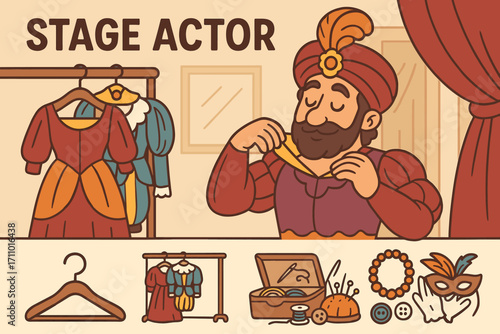 Theatrical Costume Preparation. Cartoon-style banner depicting stage actor adjusting costume and costume icon set for hangers,