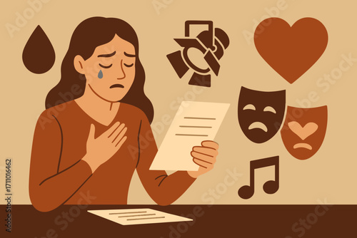 Dramatic Monologue Symbols. Horizontal artwork with actress reviewing emotional monologue and drama icon set for tears, heart,