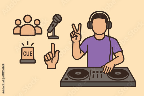 DJ Communication Icons. Flat scene showing DJ doing hand signal and communication icon set for team icon, talkback mic, cue lamp