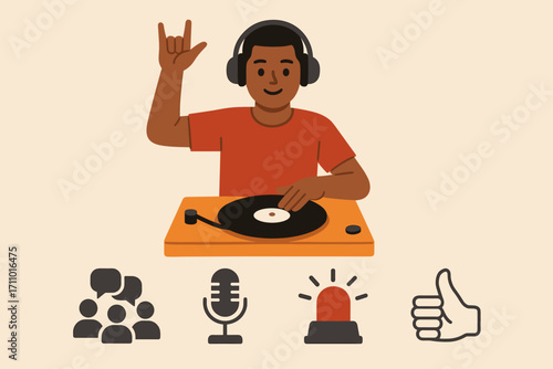 DJ Communication Icons. Flat scene showing DJ doing hand signal and communication icon set for team icon, talkback mic, cue lamp